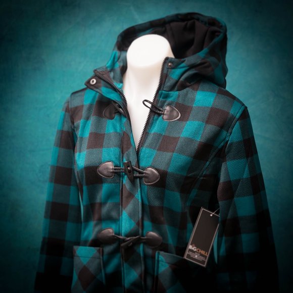NWT Chill | Black & Peacock Buffalo Check Fleece Toggle Accent Jacket - LARGE - Picture 8 of 10